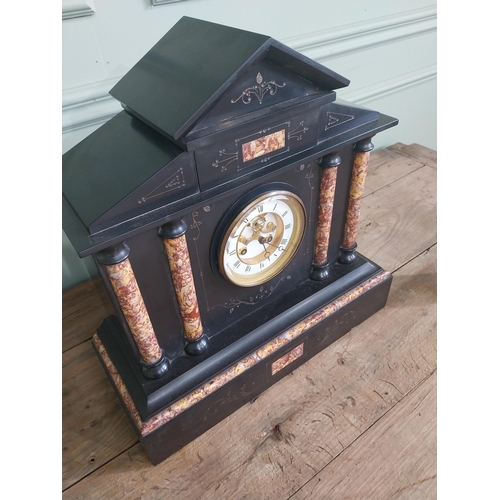 1266 - 19th C. marbleised slate mantle clock with brass and enamel dial {40 cm H x 40 cm W x 16 cm D}.