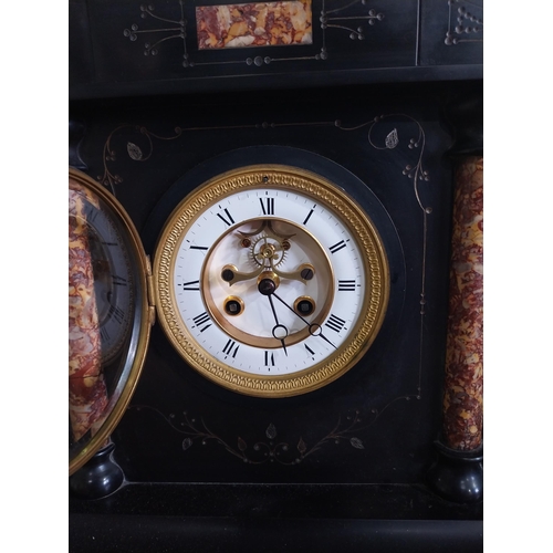 1266 - 19th C. marbleised slate mantle clock with brass and enamel dial {40 cm H x 40 cm W x 16 cm D}.