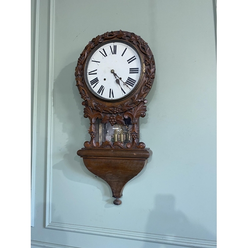 1267 - 19th C. carved oak wall drop dial clock with painted dial decorated with grape vines {88 cm H x 42 c... 