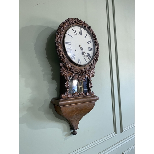 1267 - 19th C. carved oak wall drop dial clock with painted dial decorated with grape vines {88 cm H x 42 c... 