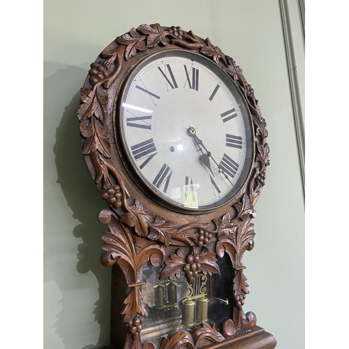 1267 - 19th C. carved oak wall drop dial clock with painted dial decorated with grape vines {88 cm H x 42 c... 