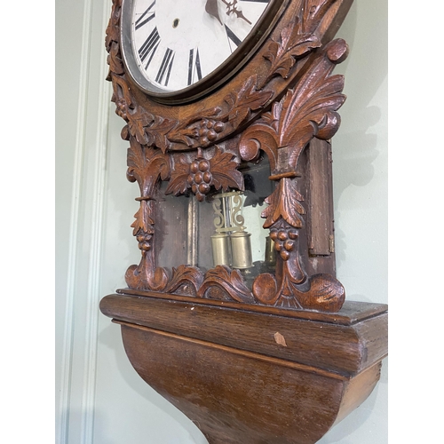 1267 - 19th C. carved oak wall drop dial clock with painted dial decorated with grape vines {88 cm H x 42 c... 