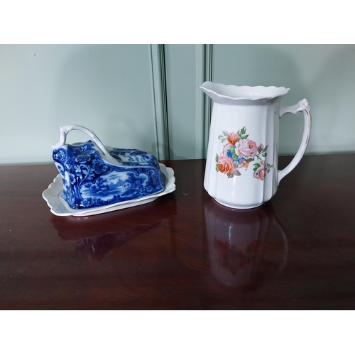 1277 - 19th C. ceramic blue and white cheese dish and ceramic floral water jug {16 cm H x 27 cm W x 21 cm D... 