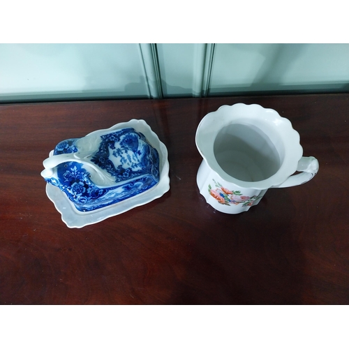 1277 - 19th C. ceramic blue and white cheese dish and ceramic floral water jug {16 cm H x 27 cm W x 21 cm D... 