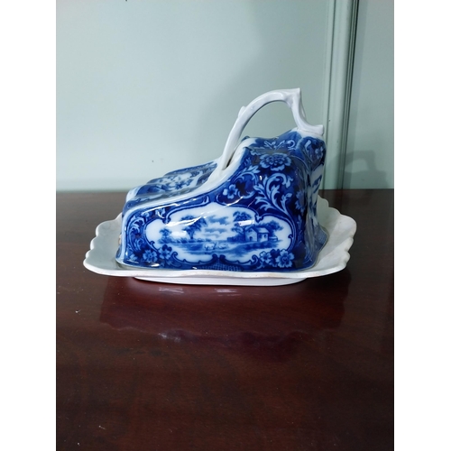 1277 - 19th C. ceramic blue and white cheese dish and ceramic floral water jug {16 cm H x 27 cm W x 21 cm D... 