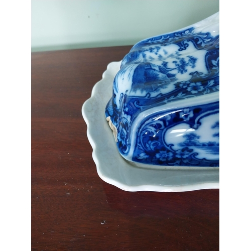 1277 - 19th C. ceramic blue and white cheese dish and ceramic floral water jug {16 cm H x 27 cm W x 21 cm D... 