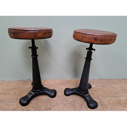 1289 - Pair of cast iron singer swivel stools with leather seats -Rise and fall   {H 80cm x Dia 30cm }. - N... 