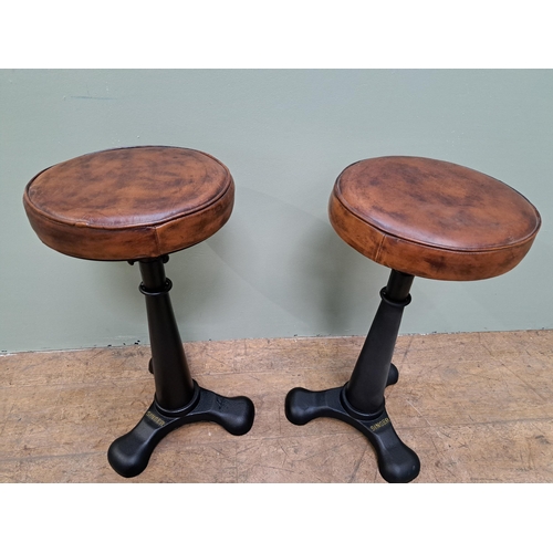 1289 - Pair of cast iron singer swivel stools with leather seats -Rise and fall   {H 80cm x Dia 30cm }. - N... 