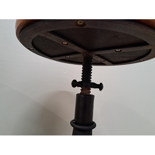 1289 - Pair of cast iron singer swivel stools with leather seats -Rise and fall   {H 80cm x Dia 30cm }. - N... 