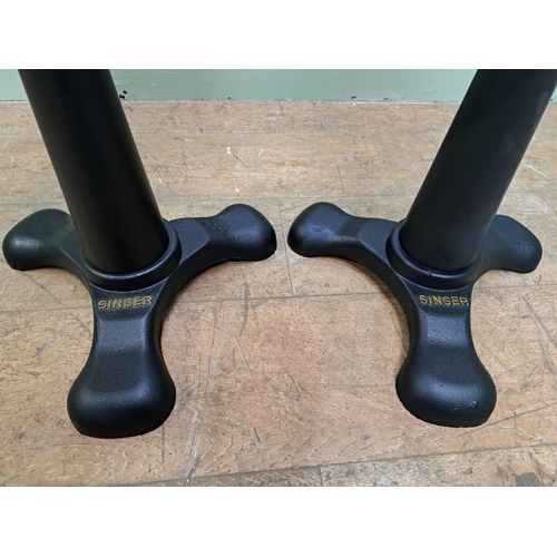 1289 - Pair of cast iron singer swivel stools with leather seats -Rise and fall   {H 80cm x Dia 30cm }. - N... 