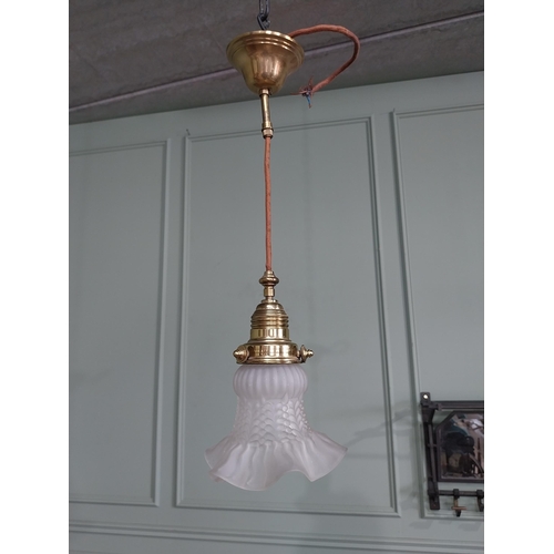 1299 - Good quality frosted glass hanging shade with brass gallery {53 cm H x 18 cm Dia.}.