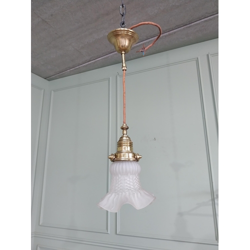 1299 - Good quality frosted glass hanging shade with brass gallery {53 cm H x 18 cm Dia.}.