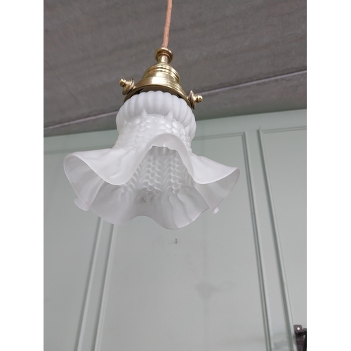 1299 - Good quality frosted glass hanging shade with brass gallery {53 cm H x 18 cm Dia.}.