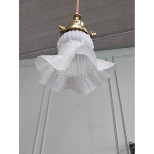 1299 - Good quality frosted glass hanging shade with brass gallery {53 cm H x 18 cm Dia.}.