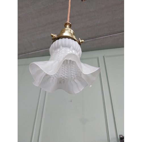 1299 - Good quality frosted glass hanging shade with brass gallery {53 cm H x 18 cm Dia.}.