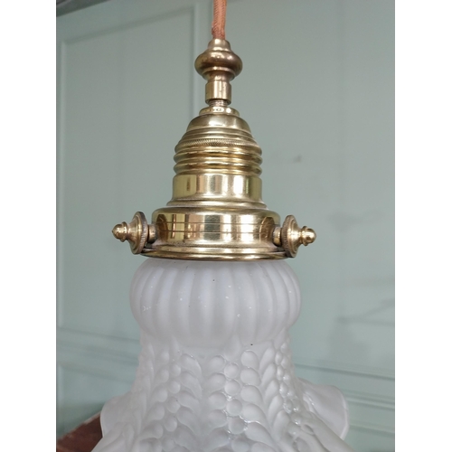 1299 - Good quality frosted glass hanging shade with brass gallery {53 cm H x 18 cm Dia.}.