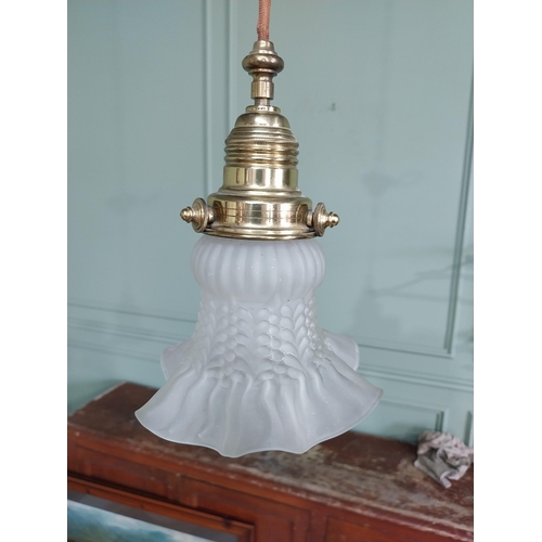 1299 - Good quality frosted glass hanging shade with brass gallery {53 cm H x 18 cm Dia.}.