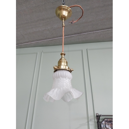 1299 - Good quality frosted glass hanging shade with brass gallery {53 cm H x 18 cm Dia.}.