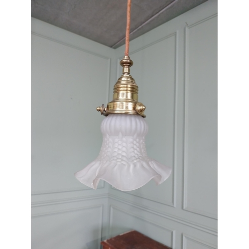 1299 - Good quality frosted glass hanging shade with brass gallery {53 cm H x 18 cm Dia.}.