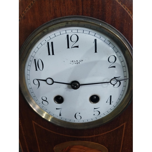 1300 - Edwardian mahogany and satinwood inlaid mantle clock with enamel dial {31 cm H x 20 cm W x 13 cm D}.