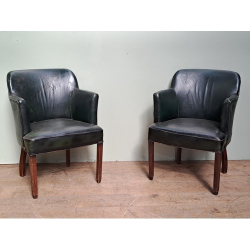 1303 - Pair of green leather tub chairs  {H 84cm x W 62cm x D 60cm }. - NOT AVAILABLE TO VIEW IN PERSON