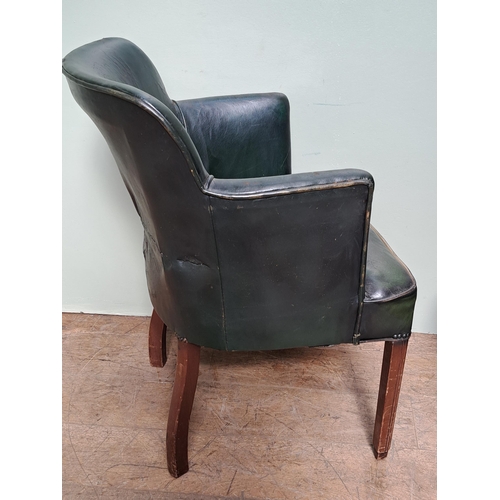 1303 - Pair of green leather tub chairs  {H 84cm x W 62cm x D 60cm }. - NOT AVAILABLE TO VIEW IN PERSON