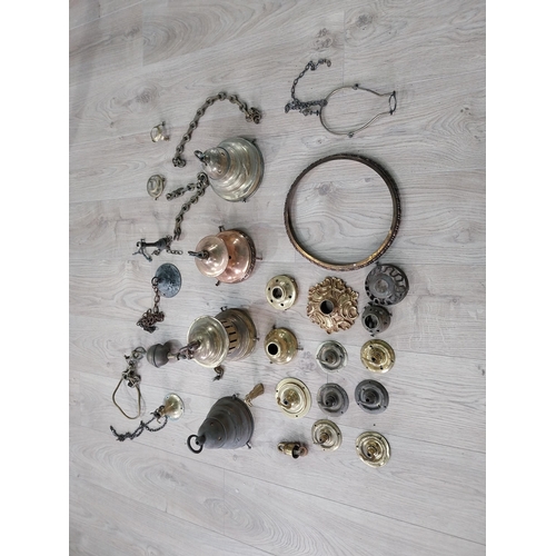 1308 - Collection of early 20th C. brass and copper lighting ceiling hoods, fittings and chains.