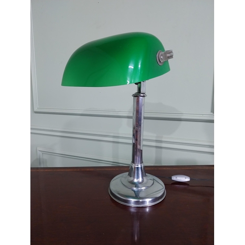 131 - Art Deco chrome banker's lamp with green glass shade. { 40cm H X 25cm Dia }.