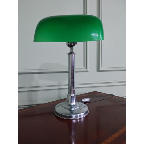 131 - Art Deco chrome banker's lamp with green glass shade. { 40cm H X 25cm Dia }.