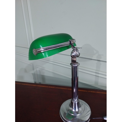 131 - Art Deco chrome banker's lamp with green glass shade. { 40cm H X 25cm Dia }.