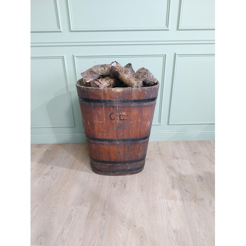 1311 - Early 20th C. French pine metal bound log bucket {89 cm H x 72 cm W x 61 cm D}.