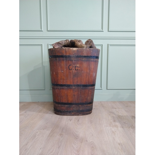 1311 - Early 20th C. French pine metal bound log bucket {89 cm H x 72 cm W x 61 cm D}.