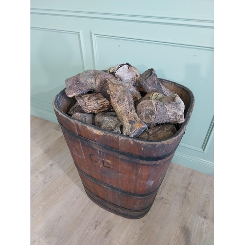 1311 - Early 20th C. French pine metal bound log bucket {89 cm H x 72 cm W x 61 cm D}.