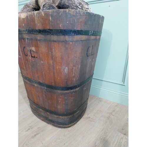 1311 - Early 20th C. French pine metal bound log bucket {89 cm H x 72 cm W x 61 cm D}.