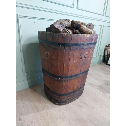 1311 - Early 20th C. French pine metal bound log bucket {89 cm H x 72 cm W x 61 cm D}.