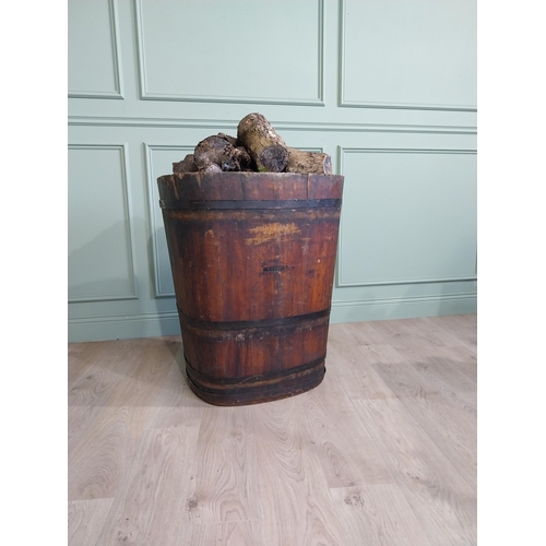 1312 - Early 20th C. French pine metal bound log bucket {89 cm H x 72 cm W x 61 cm D}.