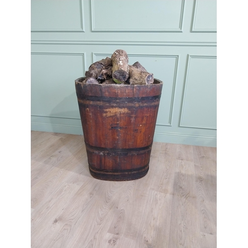 1312 - Early 20th C. French pine metal bound log bucket {89 cm H x 72 cm W x 61 cm D}.