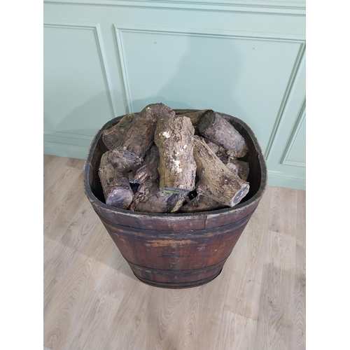 1312 - Early 20th C. French pine metal bound log bucket {89 cm H x 72 cm W x 61 cm D}.