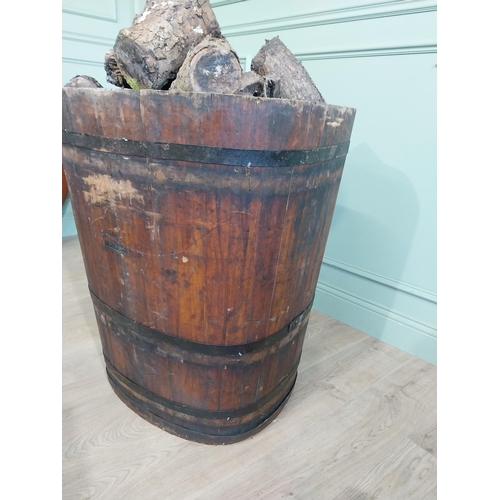 1312 - Early 20th C. French pine metal bound log bucket {89 cm H x 72 cm W x 61 cm D}.