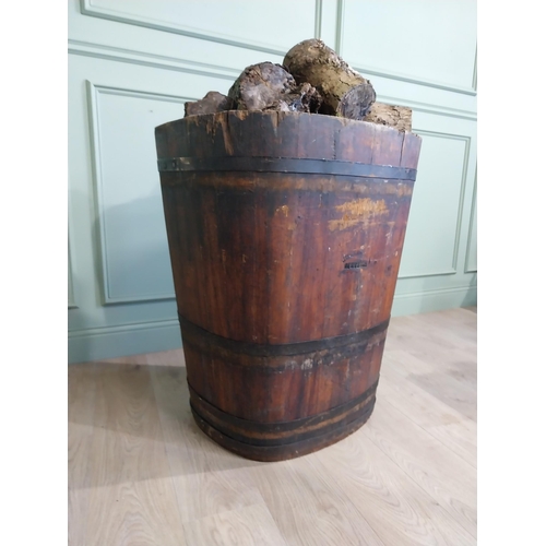 1312 - Early 20th C. French pine metal bound log bucket {89 cm H x 72 cm W x 61 cm D}.