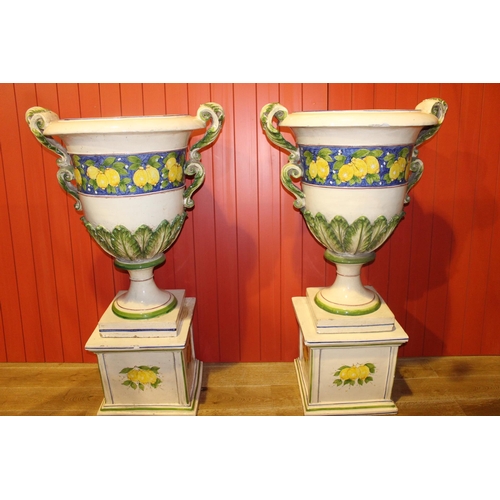 1316 - Pair of large Italian Ceccarelli ceramic urns decorated with lemons and leaves   {H 145cm including ... 