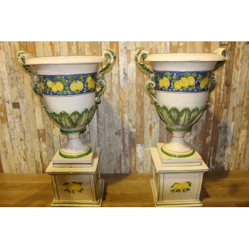 1316 - Pair of large Italian Ceccarelli ceramic urns decorated with lemons and leaves   {H 145cm including ... 