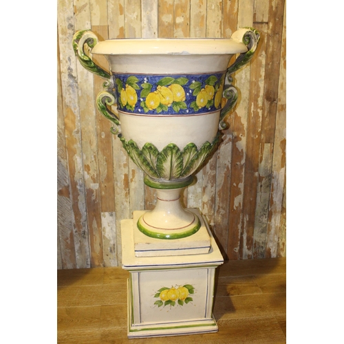 1316 - Pair of large Italian Ceccarelli ceramic urns decorated with lemons and leaves   {H 145cm including ... 