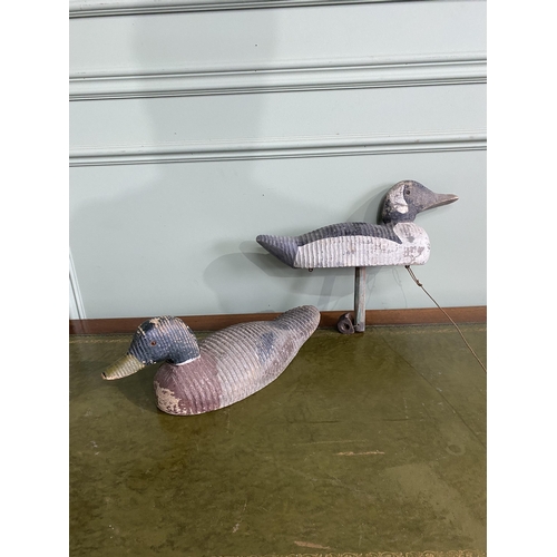 1318 - Two early 20th C. painted pine decoy ducks {33 cm H x 41 cm W x 15 cm D and 15 cm H x 40 cm W x 15 c... 