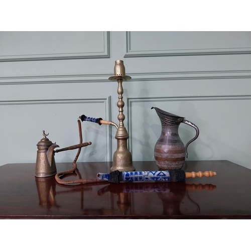 1324 - Vintage engraved brass Shisha pipe, 19th C. Middle Eastern engraved brass coffee pot and jug {50 cm ... 