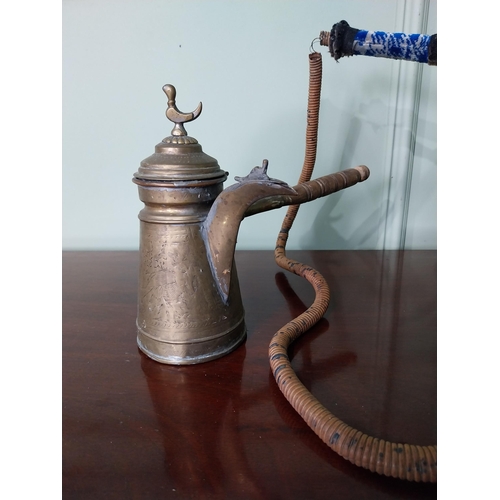 1324 - Vintage engraved brass Shisha pipe, 19th C. Middle Eastern engraved brass coffee pot and jug {50 cm ... 