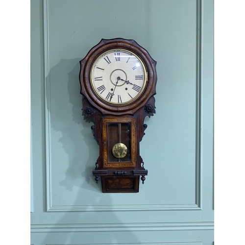 1330 - 20th C. American mahogany and satinwood inlaid drop dial clock {94 cm H x 44 cm W x 15 cm D}.