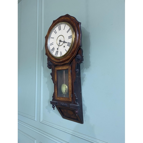 1330 - 20th C. American mahogany and satinwood inlaid drop dial clock {94 cm H x 44 cm W x 15 cm D}.