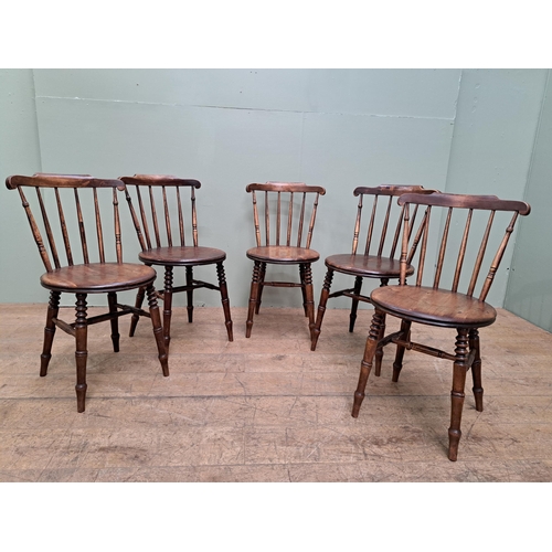 1335 - Set of five spindle back kitchen chairs raised on turned legs  {H 81cm x W 40cm x D 40cm }. - NOT AV... 