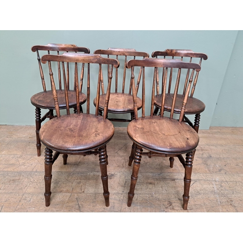 1335 - Set of five spindle back kitchen chairs raised on turned legs  {H 81cm x W 40cm x D 40cm }. - NOT AV... 